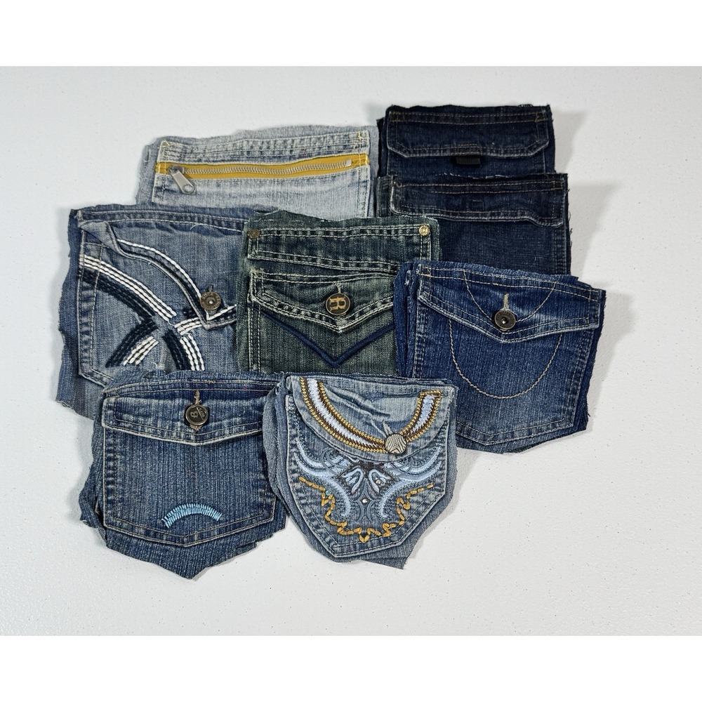 7 Denim Jean Flap Back Pockets Embroidered Quilting Sewing Crafts Upcycle
